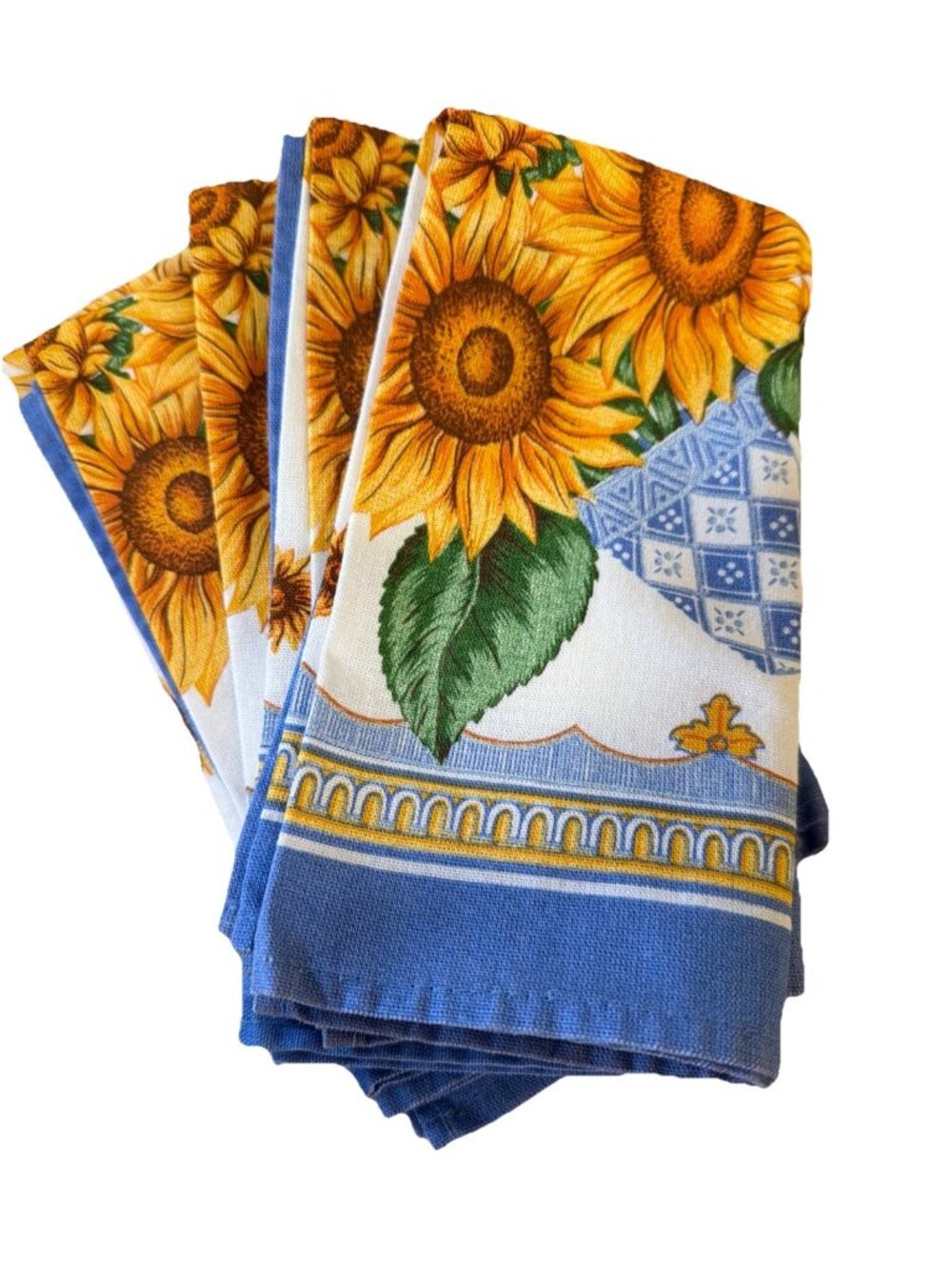 Set of 8 Vintage Sunflower Cloth Linen Napkins, Maker Wilton Court Blue&yellow